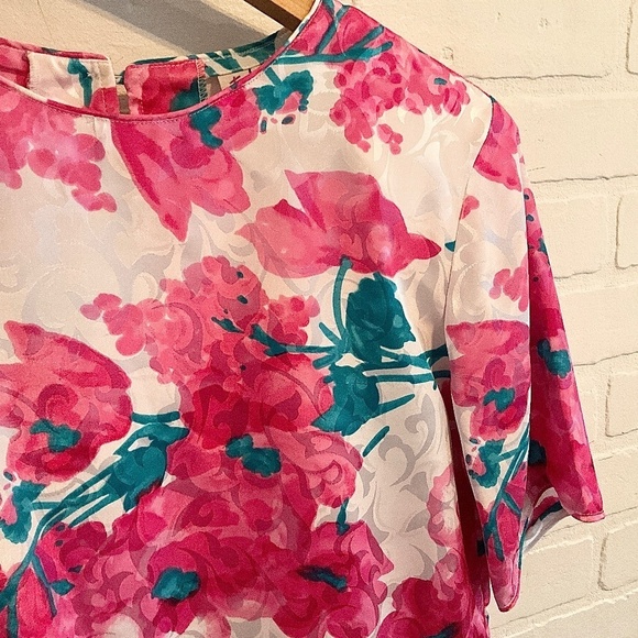 Vintage 80s Blouse Satin Iridescent Floral Paisley Flowy Pink Green White S - Picture 4 of 10